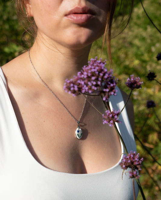 Handmade porcelain blue tulip pendant necklace