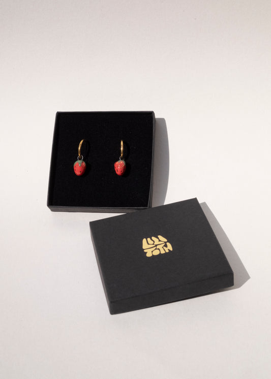 Handmade porcelain strawberry hoop earrings