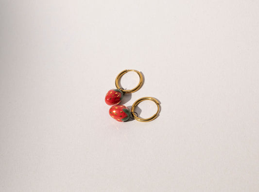 Handmade porcelain strawberry hoop earrings