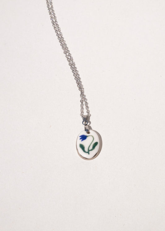 Handmade porcelain blue tulip pendant necklace